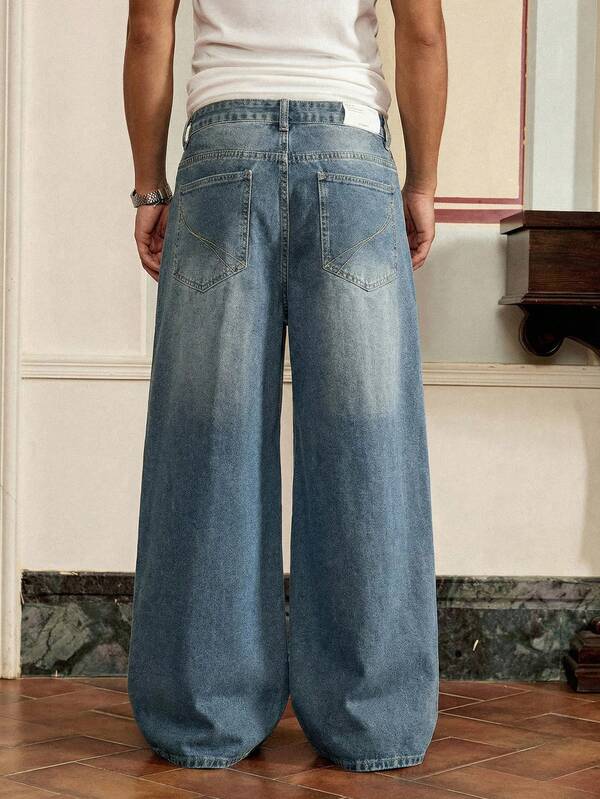 Men's Casual Daily Washed Loose Jeans with Diagonal Pockets