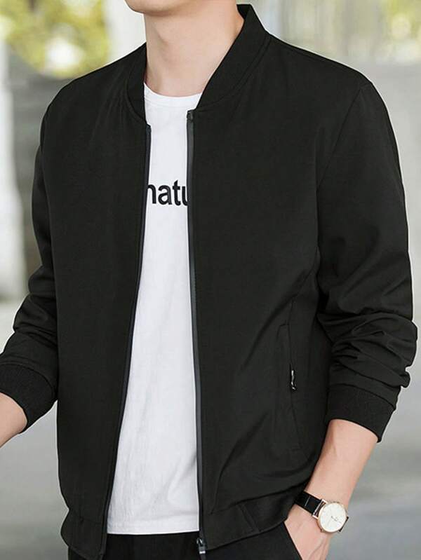 Men's Long Sleeve Spring And Autumn Casual Solid Color Baseball Collar Jacket