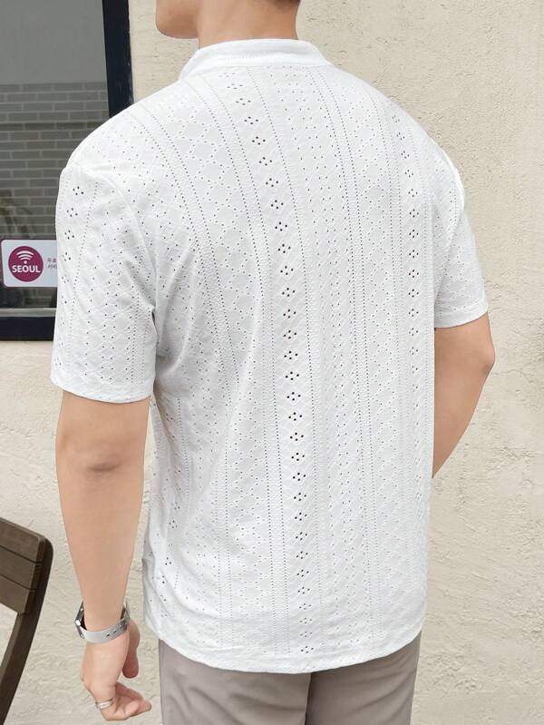 Men's casual plain short-sleeved shirt, summer solid color hollow embroidered short-sleeved woven casual shirt, hollow pattern design, suitable for vacation, beach, gift for husband and boyfriend, simple and fashionable commuting, Father's Day gift Men's casual plain short-sleeved shirt, summer solid color hollow embroidered short-sleeved woven casual shirt, hollow pattern design, suitable for vacation, beach, gift for husband and boyfriend, simple and fashionable commuting, Father's Day gift