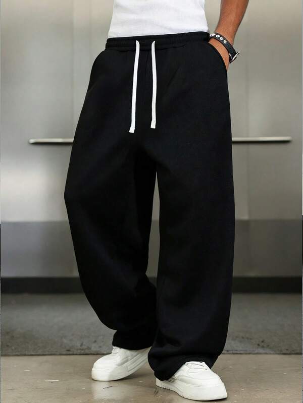 1 Pair Men's Loose Fit Casual Sweatpants Minimalist Solid Color Wide Leg Design Drawstring Waist Large Pockets Suitable For Daily Wear Walking Work Outings An Excellent Father's Day Gift For Dad