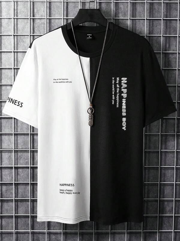 Men's T-shirt with fitted design, round neck short sleeve slogan T-shirt, simple summer cool polyester material