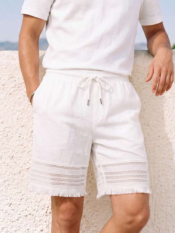 Men's Summer Resort Style Tassel Mesh Drawstring Belt Shorts, Casual Drawstring Belt Shorts Men's Summer Resort Style Tassel Mesh Drawstring Belt Shorts, Casual Drawstring Belt Shorts
