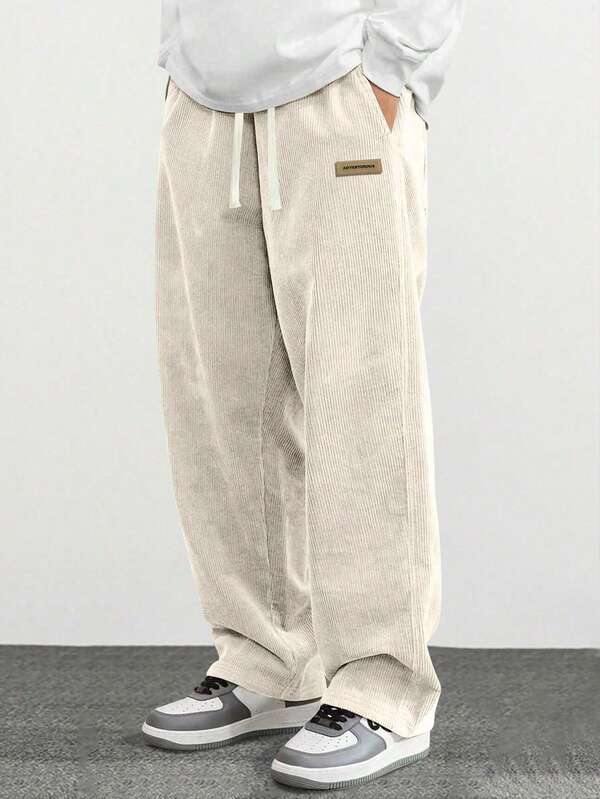 Men's Casual Corduroy Straight-Leg Pants With Graphic Print Loose Versatile Suitable For Spring Autumn