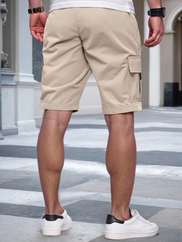 Men's Solid Color Elastic Waist Pocket Cargo Shorts