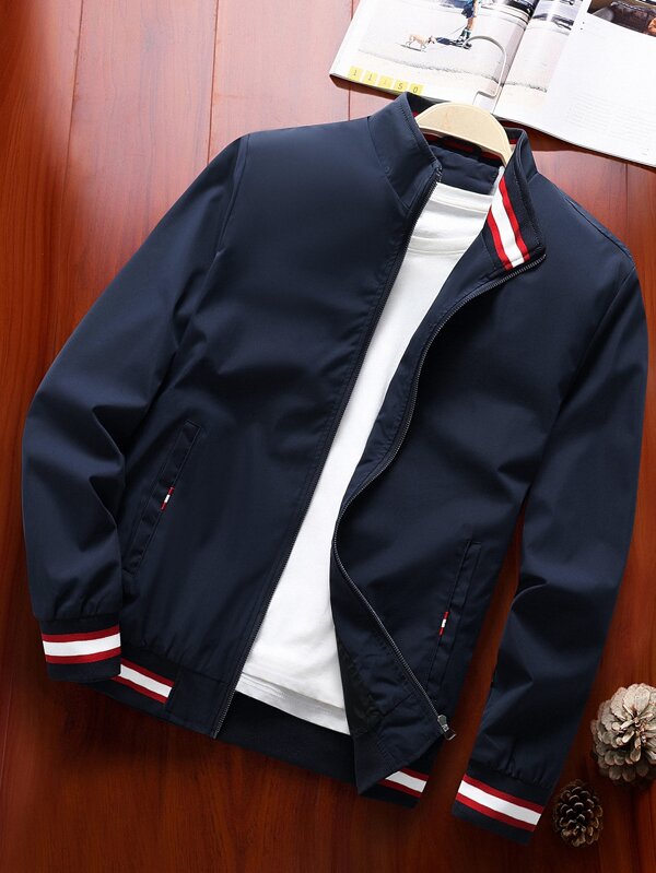 Loose Men's Striped Trim Jacket Lightweight Jacket Solid Color Long Sleeve Work Wear Men's Jacket Casual Fall