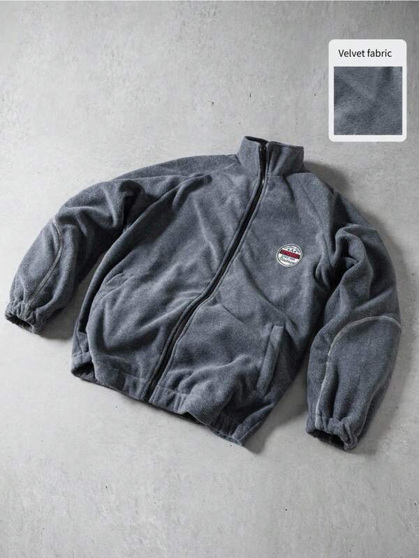 Men's high collar long sleeve raglan zipper casual loose jacket gray fleece jacket autumn and winter style Men's high collar long sleeve raglan zipper casual loose jacket gray fleece jacket autumn and winter style