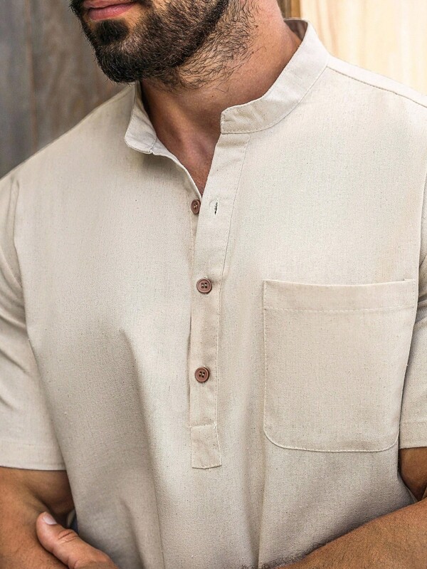 Men's solid color patch pocket summer casual versatile short-sleeved shirt men's beach linen shirt