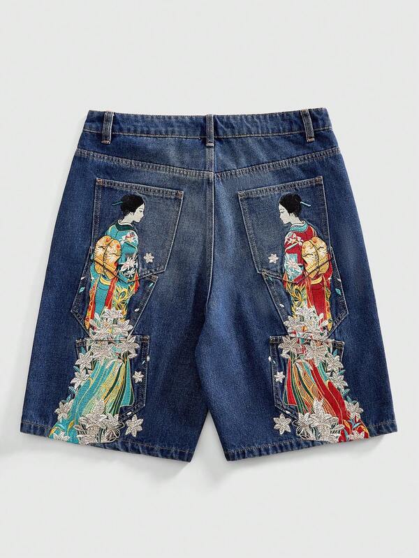 Men's Figure Embroidered Pocket Casual Denim Shorts Men's Figure Embroidered Pocket Casual Denim Shorts
