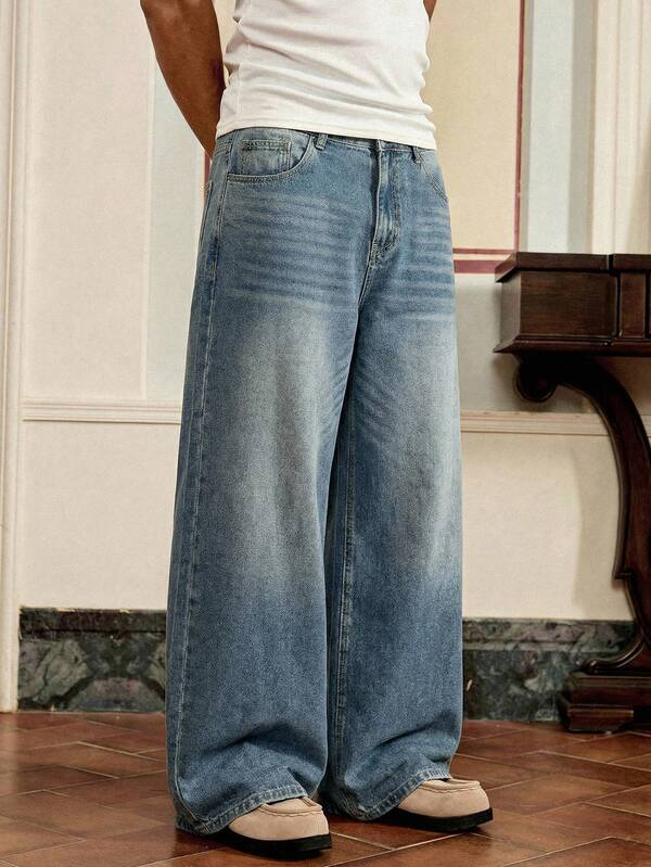 Men's Casual Daily Washed Loose Jeans with Diagonal Pockets