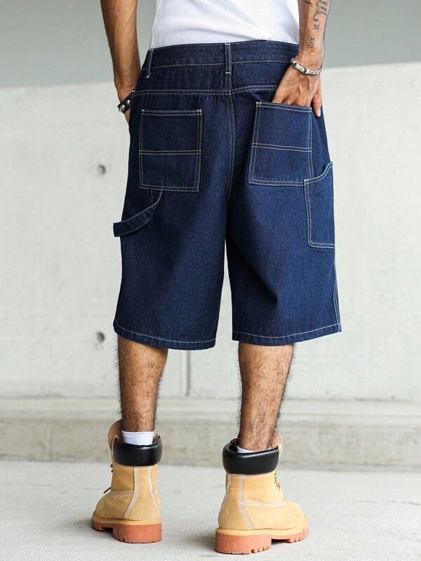 Men's Dark Wash Denim Bermuda Shorts With Zipper Detail For Street Casual Style Baggy Jorts Unisex Washed OVERSIZE Denim Shorts