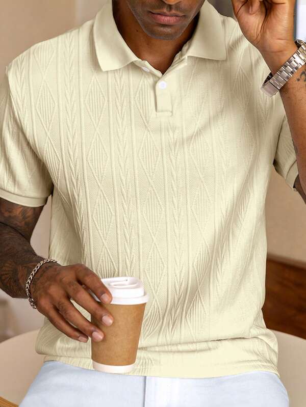 Men's Solid Color Textured Design Casual Short Sleeve Polo Shirt Men's Solid Color Textured Design Casual Short Sleeve Polo Shirt