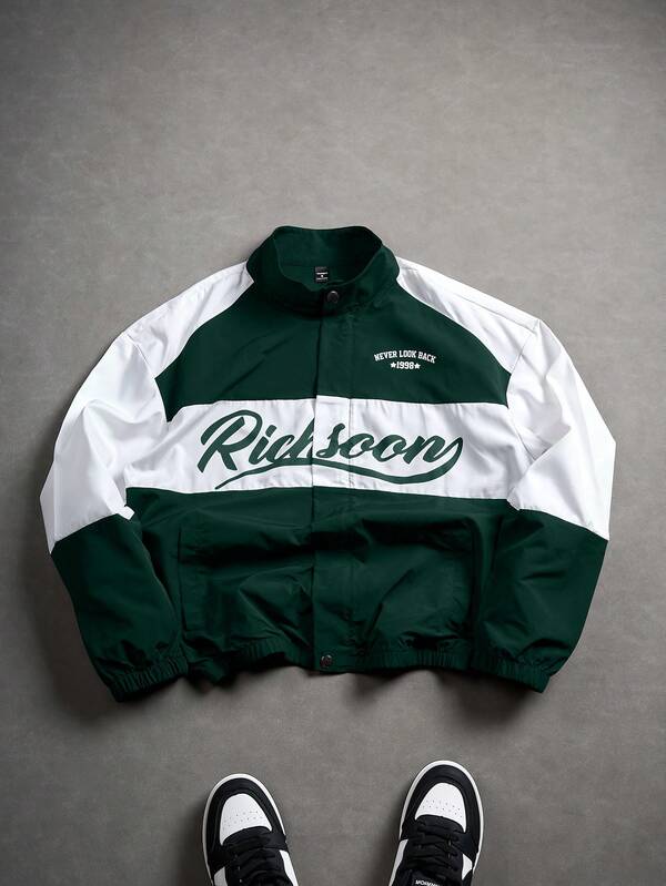 Men's Casual Everyday Contrast Color Letter Pattern Stand Collar Jacket Race Car Jacket Custom Jacket Wind Breaker Windbreaker Track Jacket Football