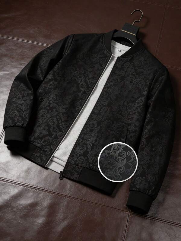 Men's Floral Jacquard Jacket Zip-Up Stand Collar Casual Jacket Vintage Black Pattern Outerwear