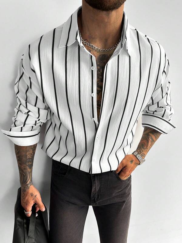 Men's Classic White And Black Striped Long Sleeve Shirt Linen-Feel Button-Down Casual Office Commute Summer Vacation All-Season Vintage Style Men's Gift