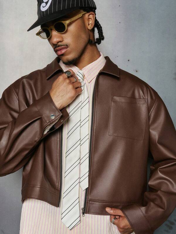Men's street style trendy casual zipper pocket PU leather long sleeve jacket streetwear mocha bomber jacket brown jacket cropped jacket brown leather jacket