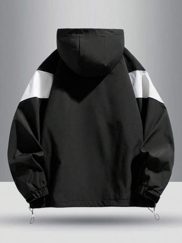 Men's Long Sleeve Contrast Color Zipper Front Drawstring Hooded Casual Jacket Fall Men's Long Sleeve Contrast Color Zipper Front Drawstring Hooded Casual Jacket Fall
