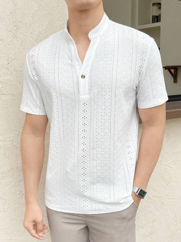 Men's casual plain short-sleeved shirt, summer solid color hollow embroidered short-sleeved woven casual shirt, hollow pattern design, suitable for vacation, beach, gift for husband and boyfriend, simple and fashionable commuting, Father's Day gift Men's casual plain short-sleeved shirt, summer solid color hollow embroidered short-sleeved woven casual shirt, hollow pattern design, suitable for vacation, beach, gift for husband and boyfriend, simple and fashionable commuting, Father's Day gift