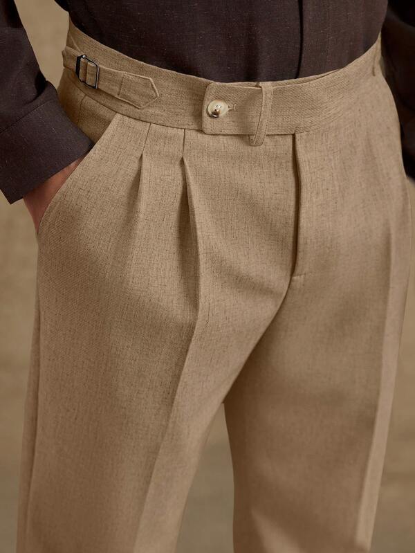 Men's Casual Business Khaki Plain Cropped Straight Leg Pants With Pockets Made From Woven Fabric
