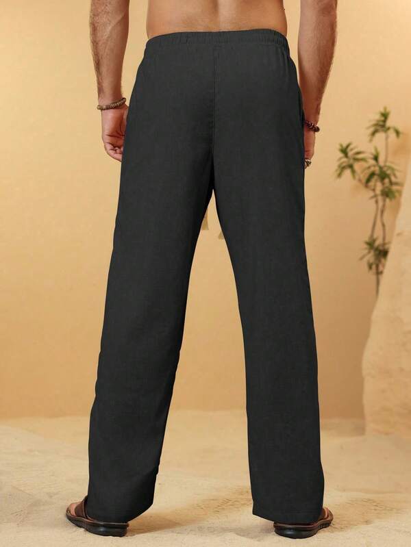 Men's casual linen cropped trousers with drawstring waist and slant pockets Men's casual linen cropped trousers with drawstring waist and slant pockets