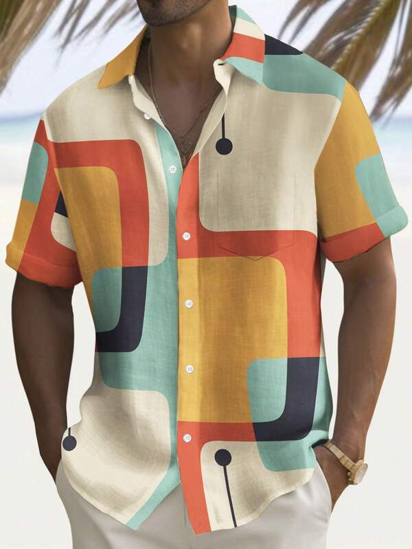 Retro 50s Geometric Atomic Print Button Pocket Short Sleeve Shirt, Plus Size