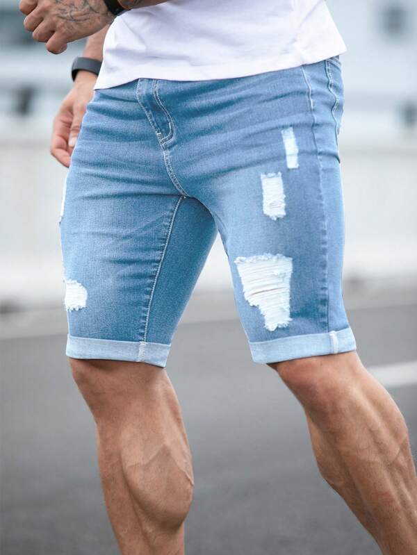 Men Ripped Frayed Bleach Wash Denim Shorts Jorts Men Ripped Frayed Bleach Wash Denim Shorts Jorts