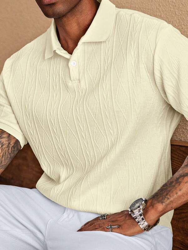 Men's Solid Color Textured Design Casual Short Sleeve Polo Shirt