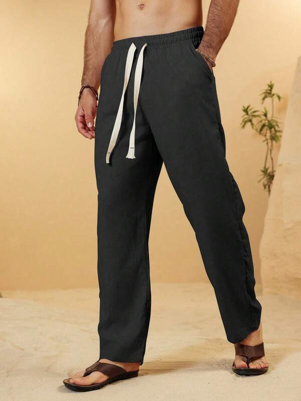 Men's casual linen cropped trousers with drawstring waist and slant pockets