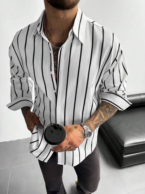 Men's Classic White And Black Striped Long Sleeve Shirt Linen-Feel Button-Down Casual Office Commute Summer Vacation All-Season Vintage Style Men's Gift