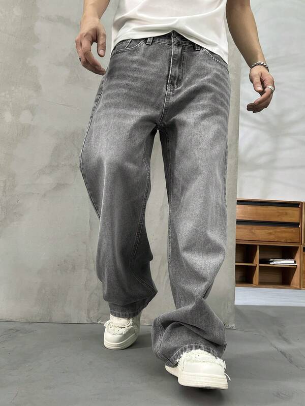Men's loose gray jeans, American casual street style loose wide leg jeans Men's loose gray jeans, American casual street style loose wide leg jeans