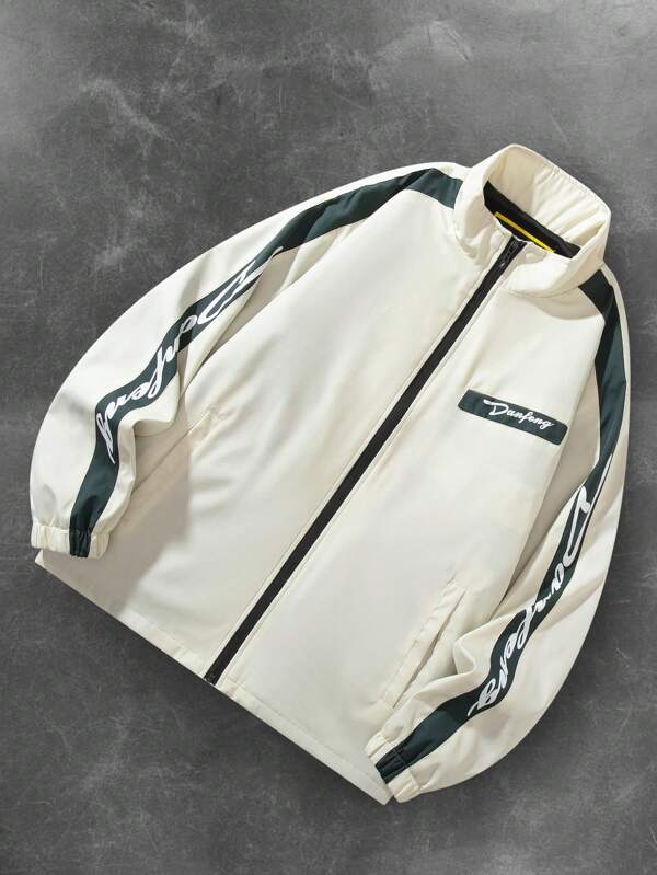 Men's Casual Letter Print Rave Long Sleeve Jacket Spring And Autumn Color Block Lightweight For Friends Husband Boyfriend Gifts Fall