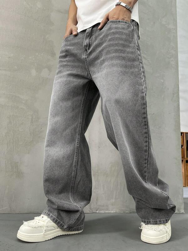 Men's loose gray jeans, American casual street style loose wide leg jeans Men's loose gray jeans, American casual street style loose wide leg jeans