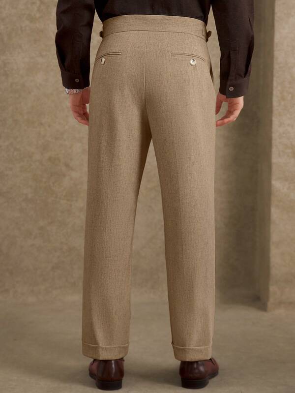 Men's Casual Business Khaki Plain Cropped Straight Leg Pants With Pockets Made From Woven Fabric