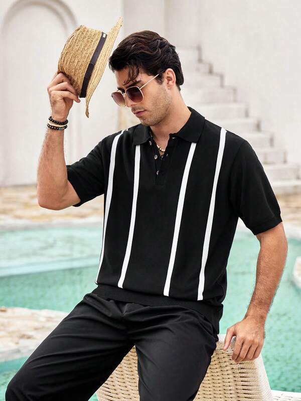 Men's short-sleeved lightweight, casual and comfortable knitted striped stylish and simple polo shirt, suitable for daily commuting in summer Men's short-sleeved lightweight, casual and comfortable knitted striped stylish and simple polo shirt, suitable for daily commuting in summer