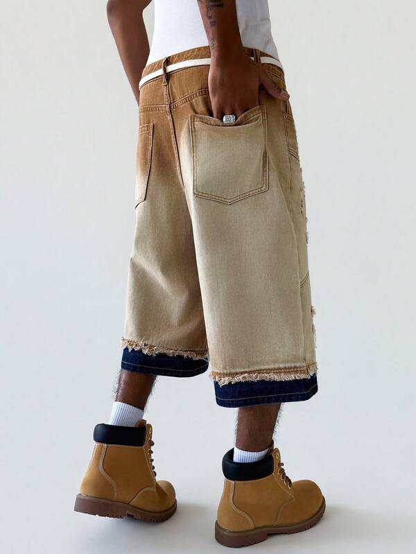 Men's Ripped Slant Pocket Drawstring Loose Fit Wide Leg Denim Shorts