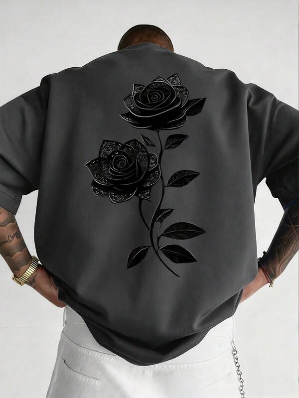 Men's casual and fashionable versatile rose flower print round neck short-sleeved T-shirt, summer