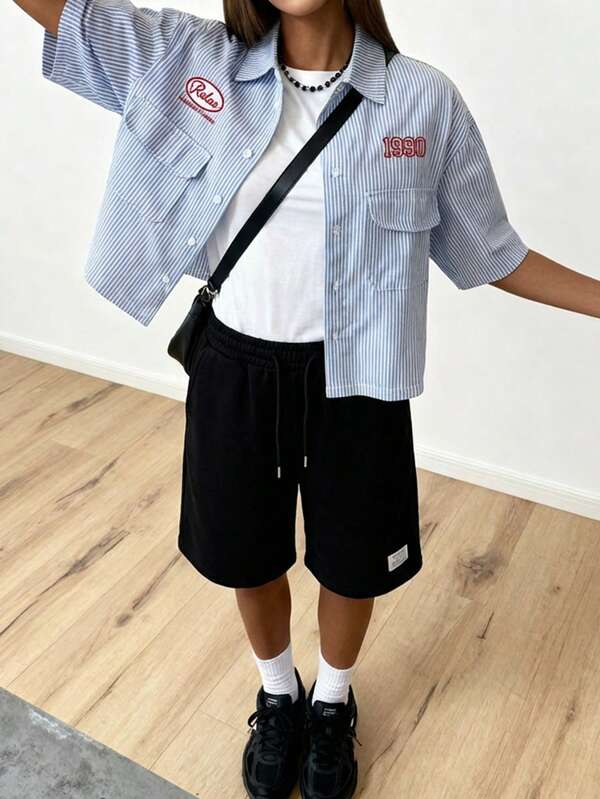 Men's letter patchwork drawstring waist shorts, couple wear