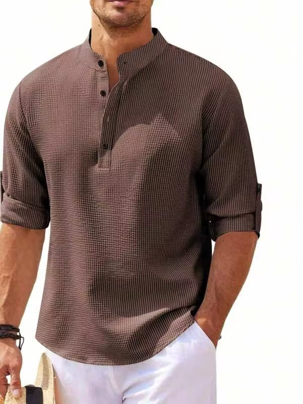 Men's long-sleeved Henley shirt with striped pattern, polyester fabric, lightweight and breathable, with roll-up sleeves, suitable for everyday casual and beach wear.