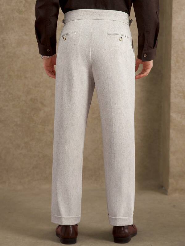 Men's pleated solid linen trousers with belt loops, straight-leg casual business cropped trousers