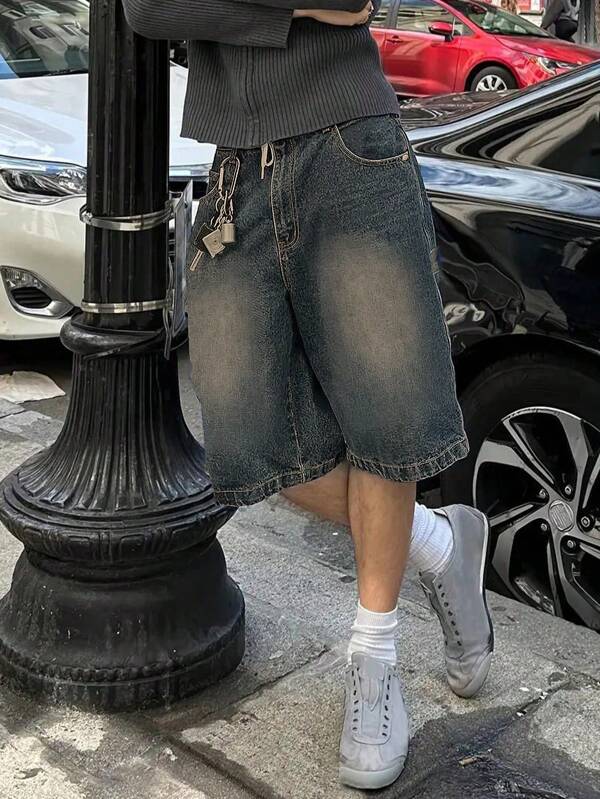 Men's Loose Fit Wide Leg Casual Denim Bermuda Shorts Jorts, Emo Style Men's Loose Fit Wide Leg Casual Denim Bermuda Shorts Jorts, Emo Style