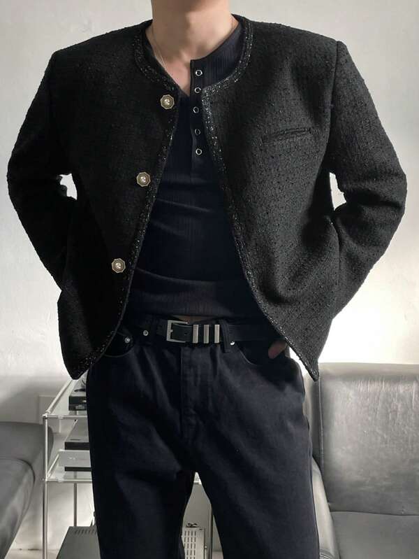 Men's Solid Color Textured Fabric Short Jacket Autumn Winter