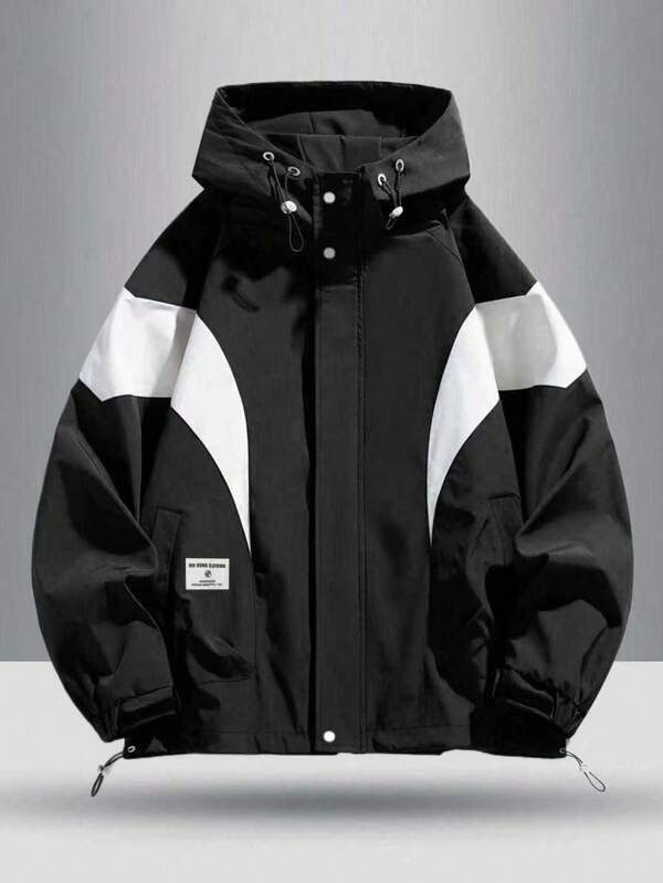 Men's Long Sleeve Contrast Color Zipper Front Drawstring Hooded Casual Jacket Fall