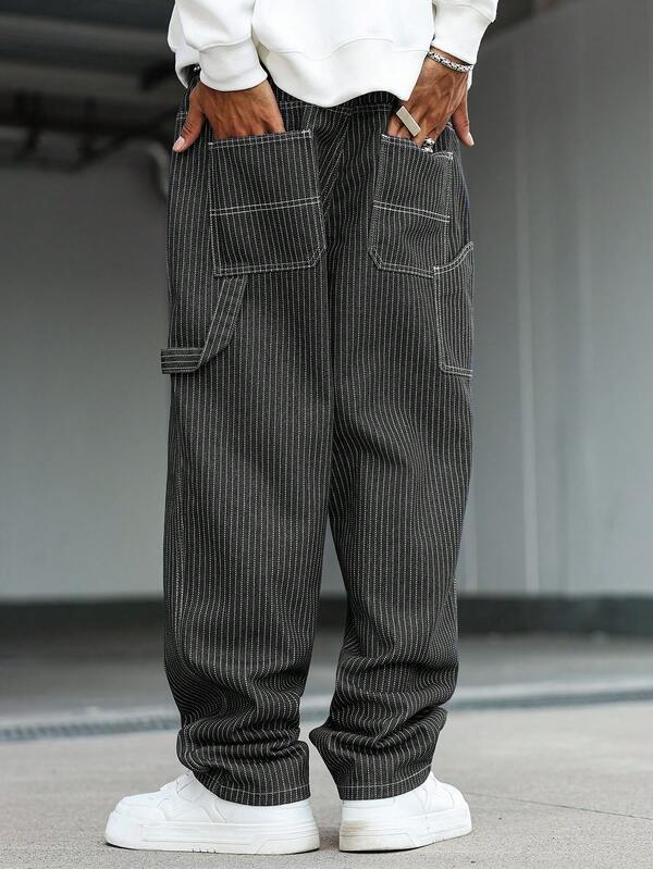 Men's Casual Vertical Striped Multi-Pocket Cargo Jeans Dark Grey Men's Loose Straight Leg Casual Pants