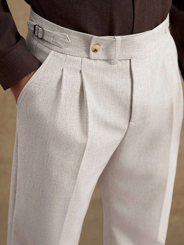 Men's pleated solid linen trousers with belt loops, straight-leg casual business cropped trousers Men's pleated solid linen trousers with belt loops, straight-leg casual business cropped trousers