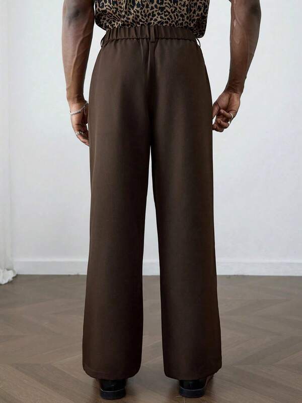 Men's Old Money Dark Brown Autumn Business Casual Sunset Soirée Loose Relaxed Fit Wide Leg Casual Pants Wrinkle-Resistant Smooth Outing Trousers