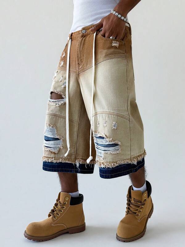 Men's Ripped Slant Pocket Drawstring Loose Fit Wide Leg Denim Shorts Men's Ripped Slant Pocket Drawstring Loose Fit Wide Leg Denim Shorts
