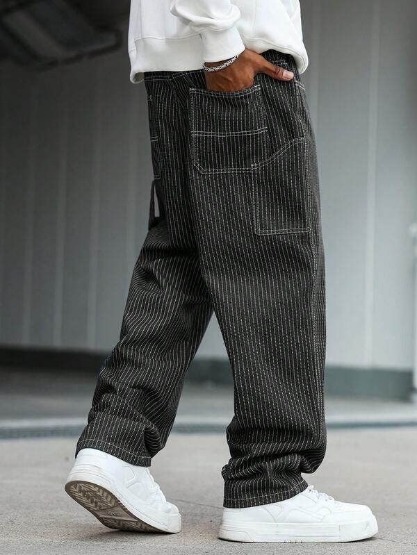 Men's Casual Vertical Striped Multi-Pocket Cargo Jeans Dark Grey Men's Loose Straight Leg Casual Pants