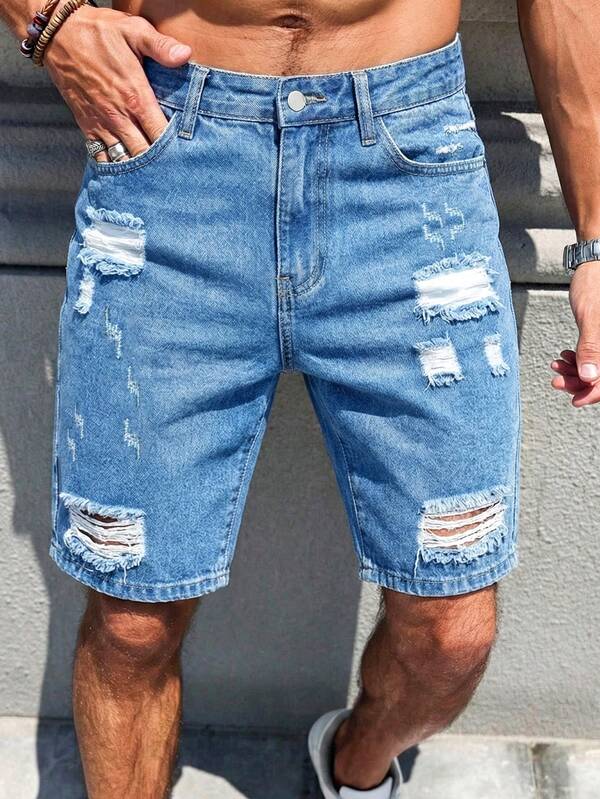 Men's Casual Ripped Straight Leg Blue Denim Shorts, Street Fashion For Spring and Summer