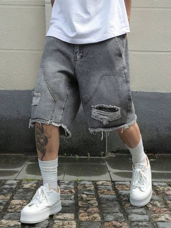Men's Plain Frayed Edge Pocket Ripped Fashionable Denim Shorts