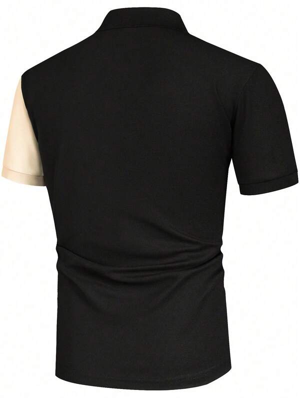 Men's Color Block Quarter Button Work Casual Polo Shirt, Boyfriend Gift