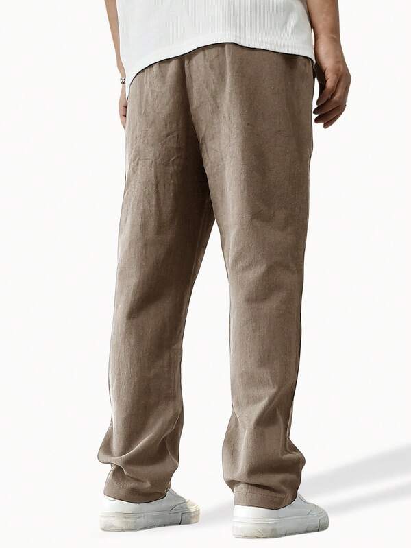 Men's Loose Solid Color Drawstring Waist Straight Leg Pants Men Linen Pant Men Pants Casual Men Drawstring Pants Men Khaki Pant Khaki Joggers Men